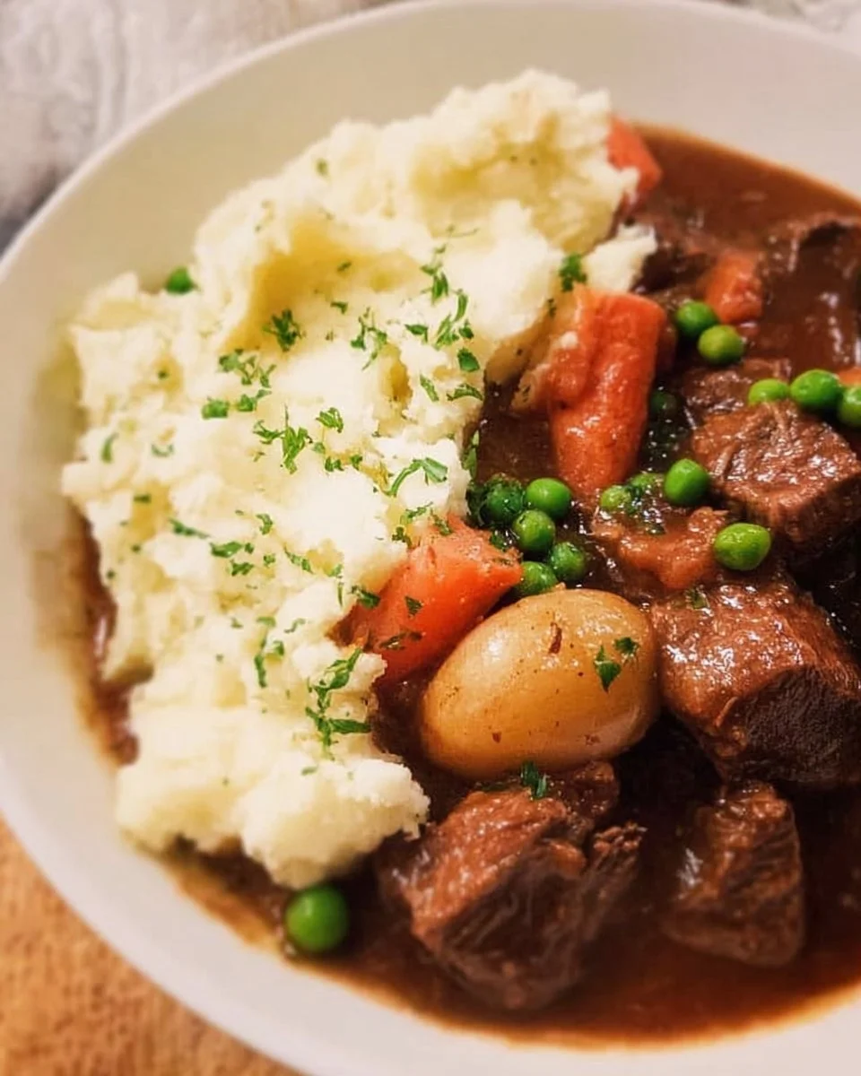 A hearty serving of Irish stew topped with creamy mashed potatoes.