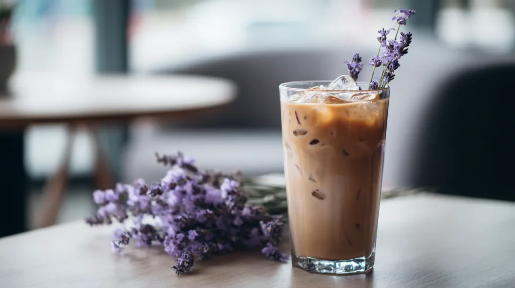 Iced lavender and caffeine coffee in a tall glass with ice and purple flowers.