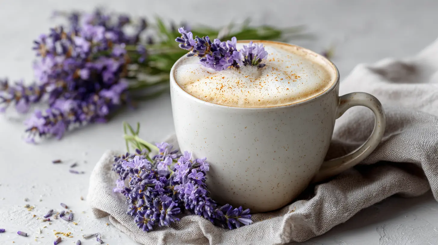 Lavender and caffeine latte in a glass mug surrounded by fresh lavender sprigs.