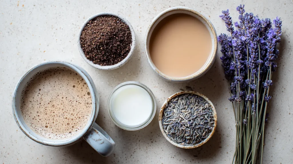 Flat lay of lavender coffee recipe ingredients showing coffee, milk, and dried lavender.