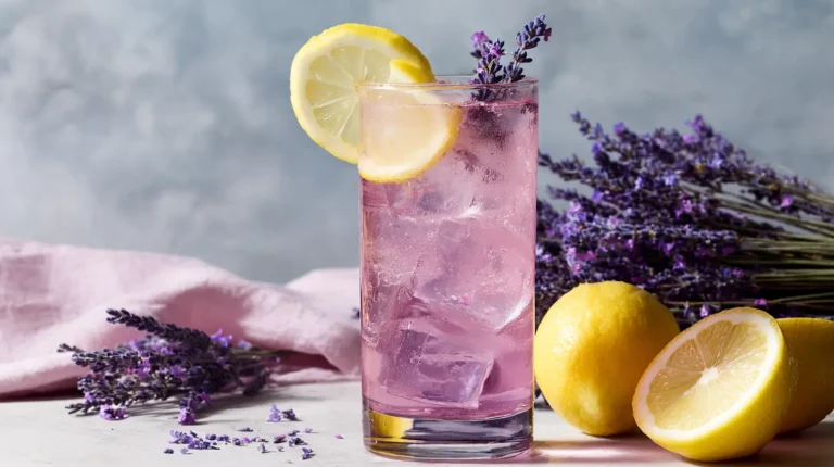 Lavender Energy Drink 7 Iced lavender energy drink in a tall glass with lemon and fresh lavender on a marble counter.