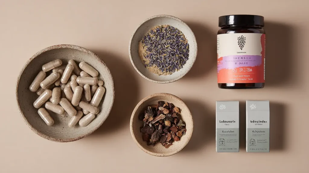 Small bowls of adaptogen powders and capsules often added as lavender energy drink ingredients.