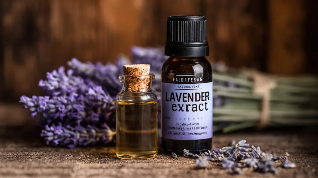 Bottles of lavender extract and essential oil side by side to compare lavender energy drink ingredients.