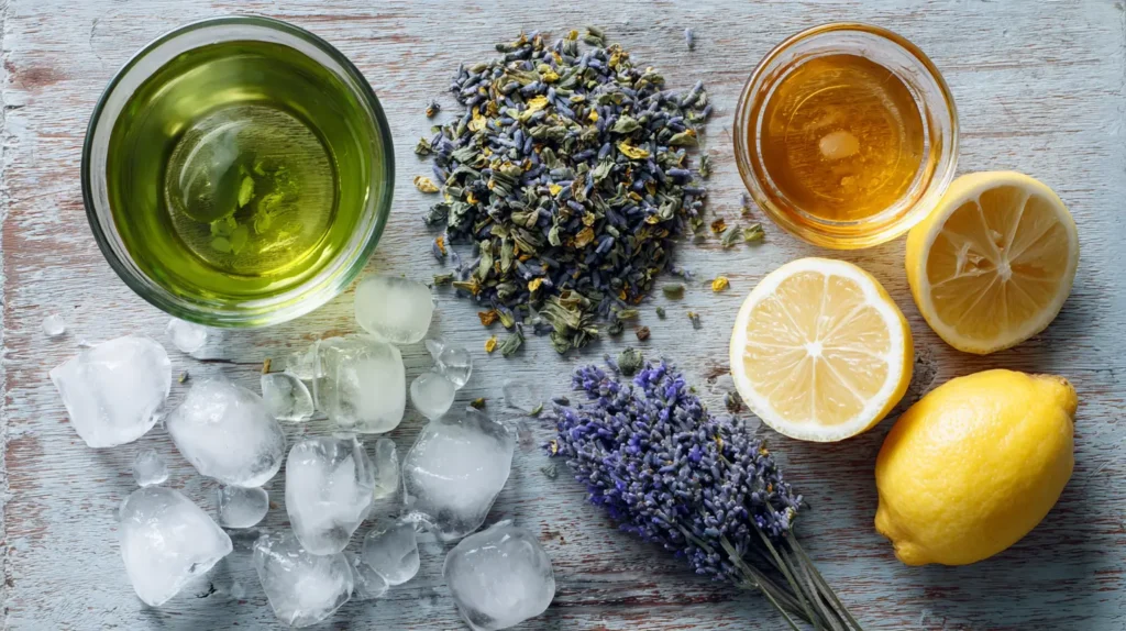 Flat lay of lavender energy drink ingredients including tea, lavender buds, citrus, and honey.