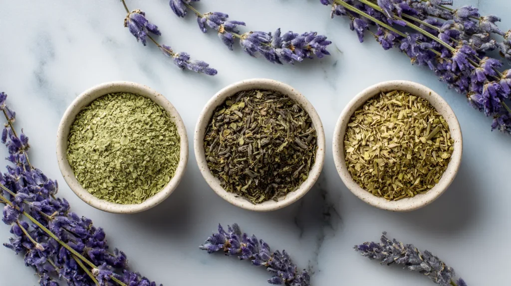 Bowls of yerba mate, guayusa, and green tea leaves showing natural lavender energy drink ingredients for caffeine.