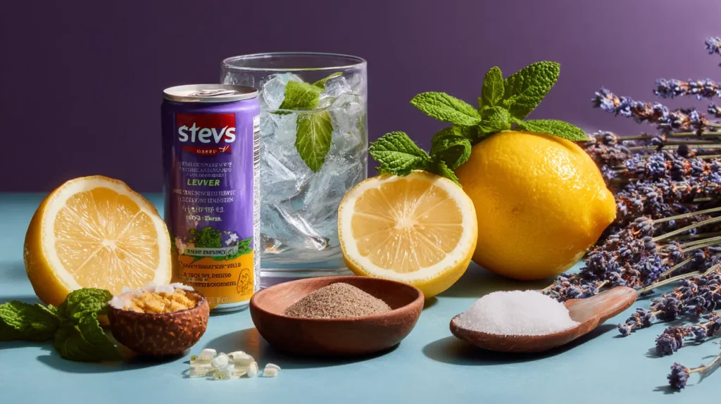 Cane sugar, stevia leaves, monk fruit, and citrus wedges illustrating sweetener lavender energy drink ingredients.