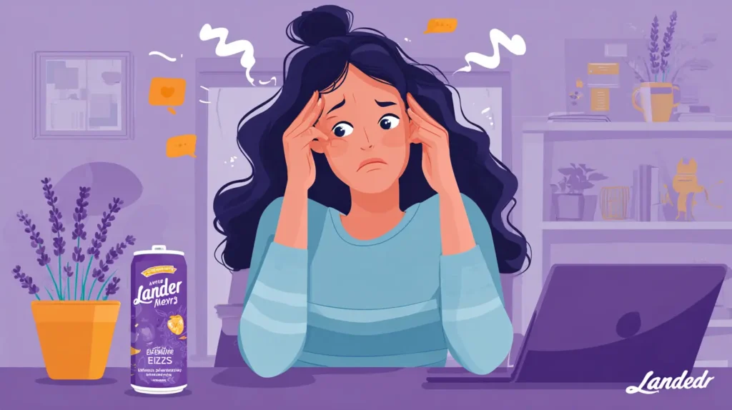 Person with a headache sitting by a lavender energy drink, suggesting lavender energy drink side effects.