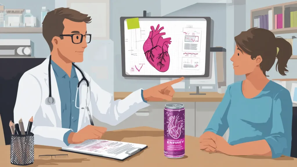 Doctor showing a heart diagram while discussing lavender energy drink side effects and caffeine risks.