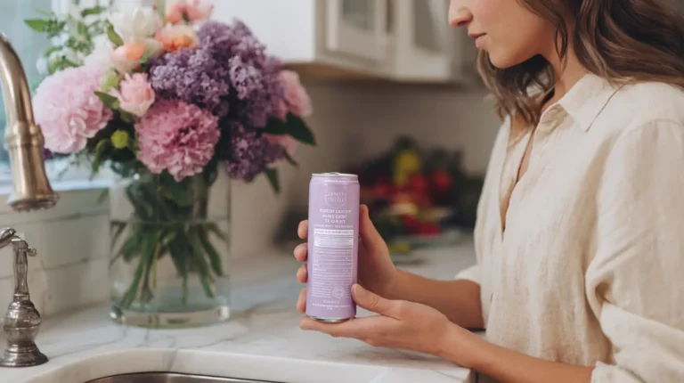 Concerned woman reading a can label, thinking about lavender energy drink side effects.