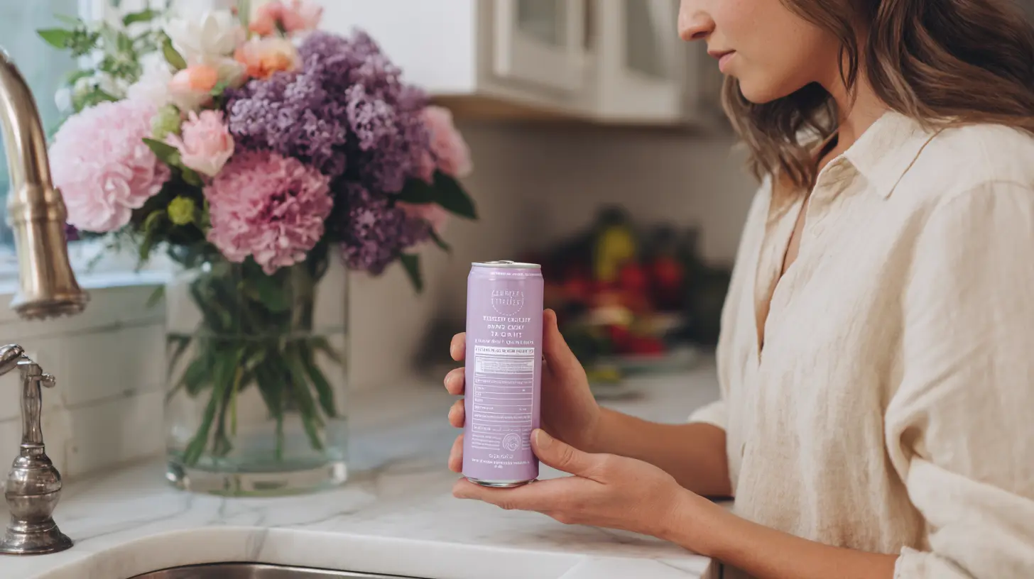 Concerned woman reading a can label, thinking about lavender energy drink side effects.