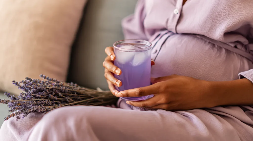 Pregnant woman holding a lavender drink and looking unsure about lavender energy drink side effects.