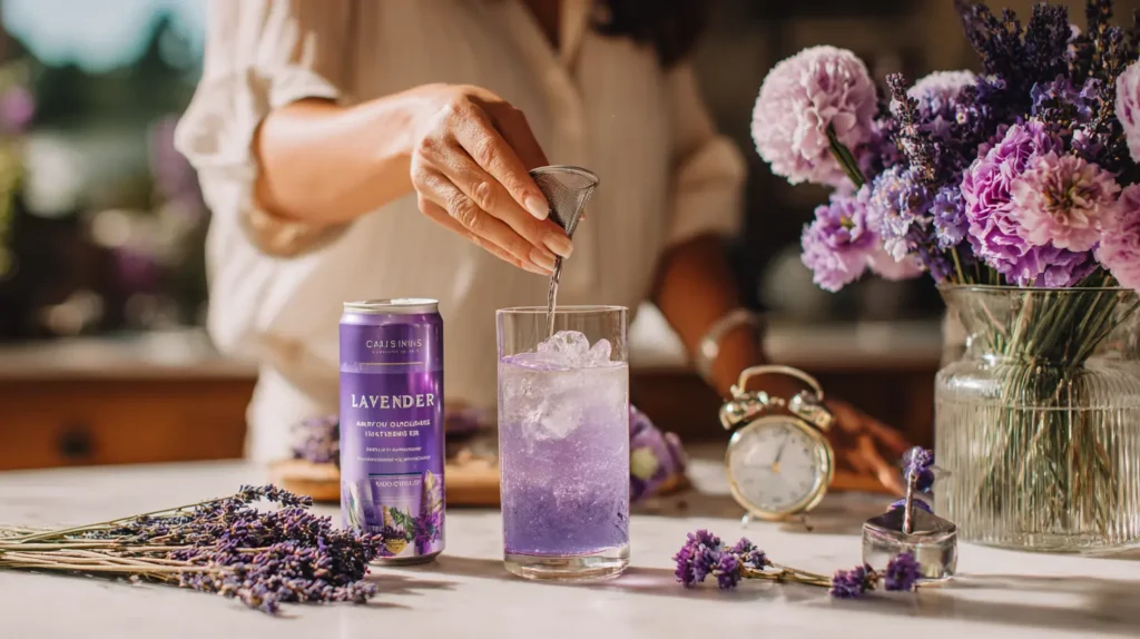 Healthy adult pouring a small glass of lavender energy drink, following safe lavender energy drink side effects guidelines.