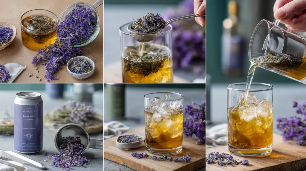 Step-by-step collage showing how to make a lavender energy drink at home.