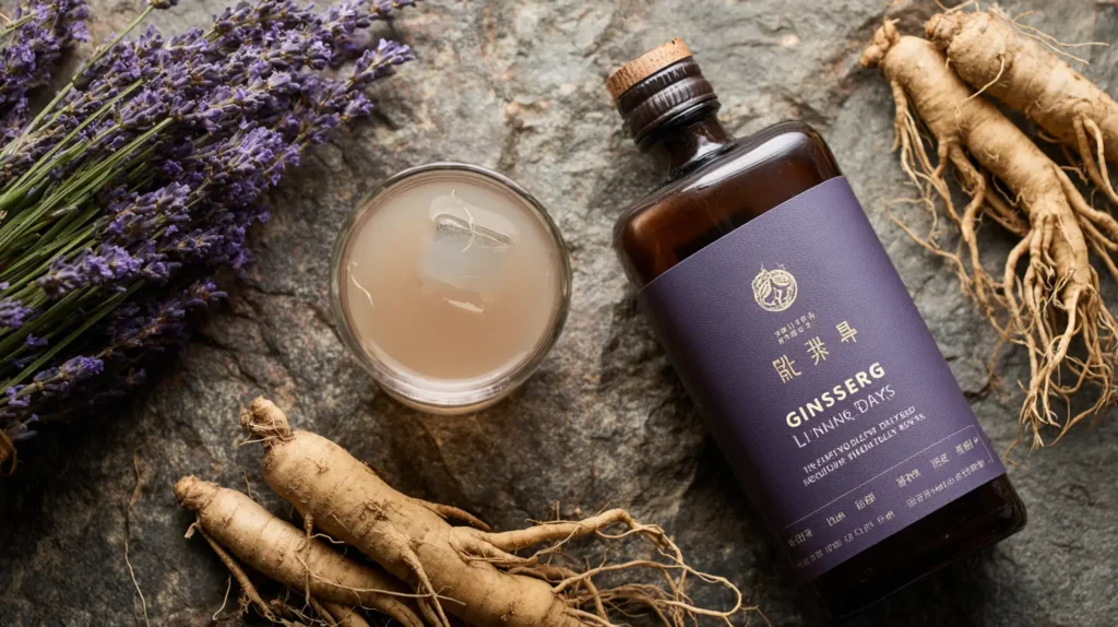 Roots and bottles show lavender energy drink vs herbal energy drinks with ginseng.
