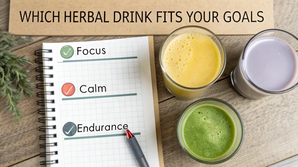 Chart and drinks on a desk visualize lavender energy drink vs herbal energy drinks by goals.