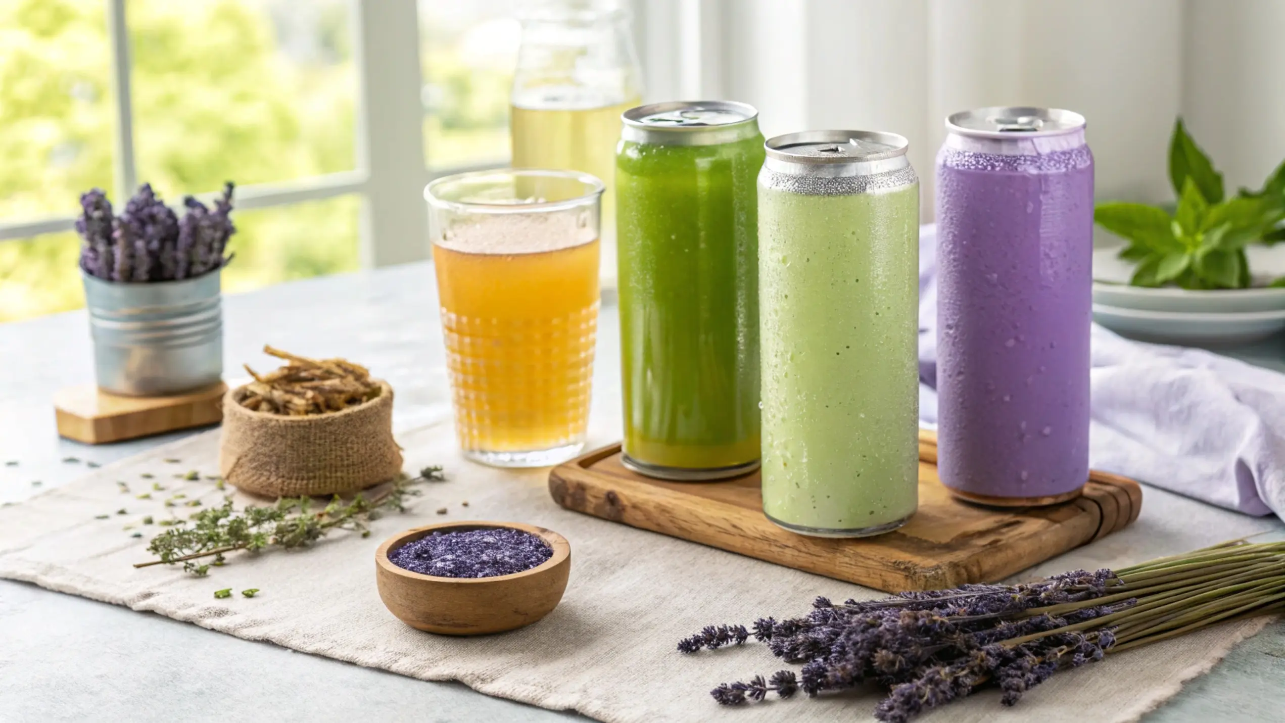 Two glasses show lavender energy drink vs herbal energy drinks on a bright table.