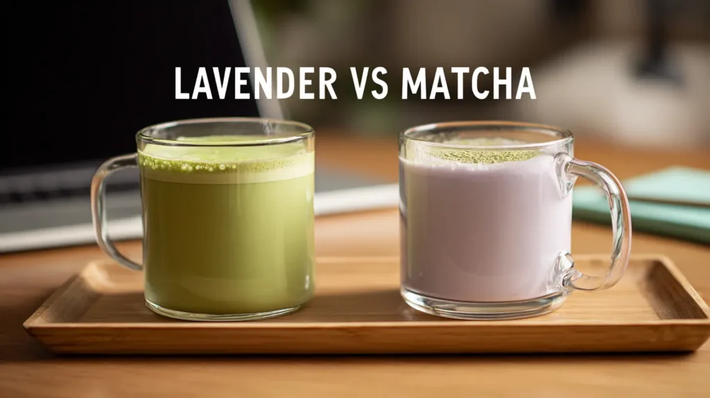 Side‑by‑side glasses highlight lavender energy drink vs herbal energy drinks with matcha.