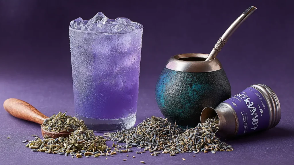 Lavender energy drink vs herbal energy drinks is shown with a traditional yerba mate gourd.