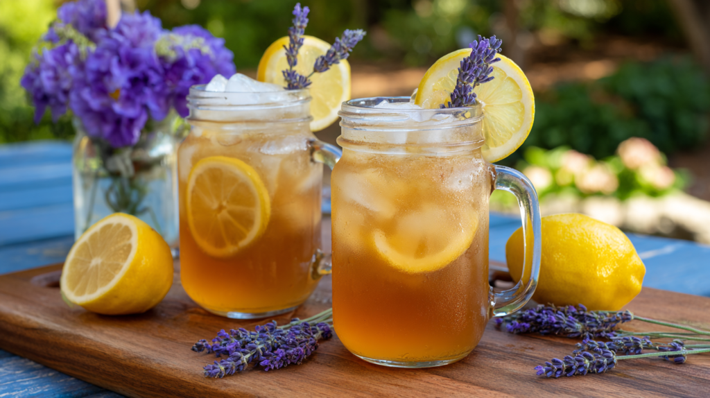 Caffeinated lavender lemonade energy drink in mason jars on an outdoor table.