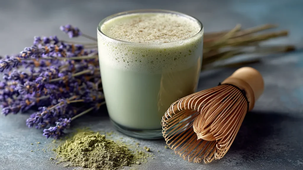 Creamy lavender matcha energy drink in a glass with whisk and lavender sprigs.