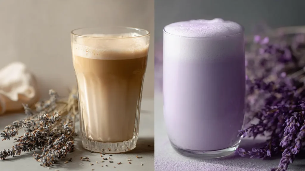 Lavender tea caffeine free beside a lavender and caffeine latte on a wooden table.