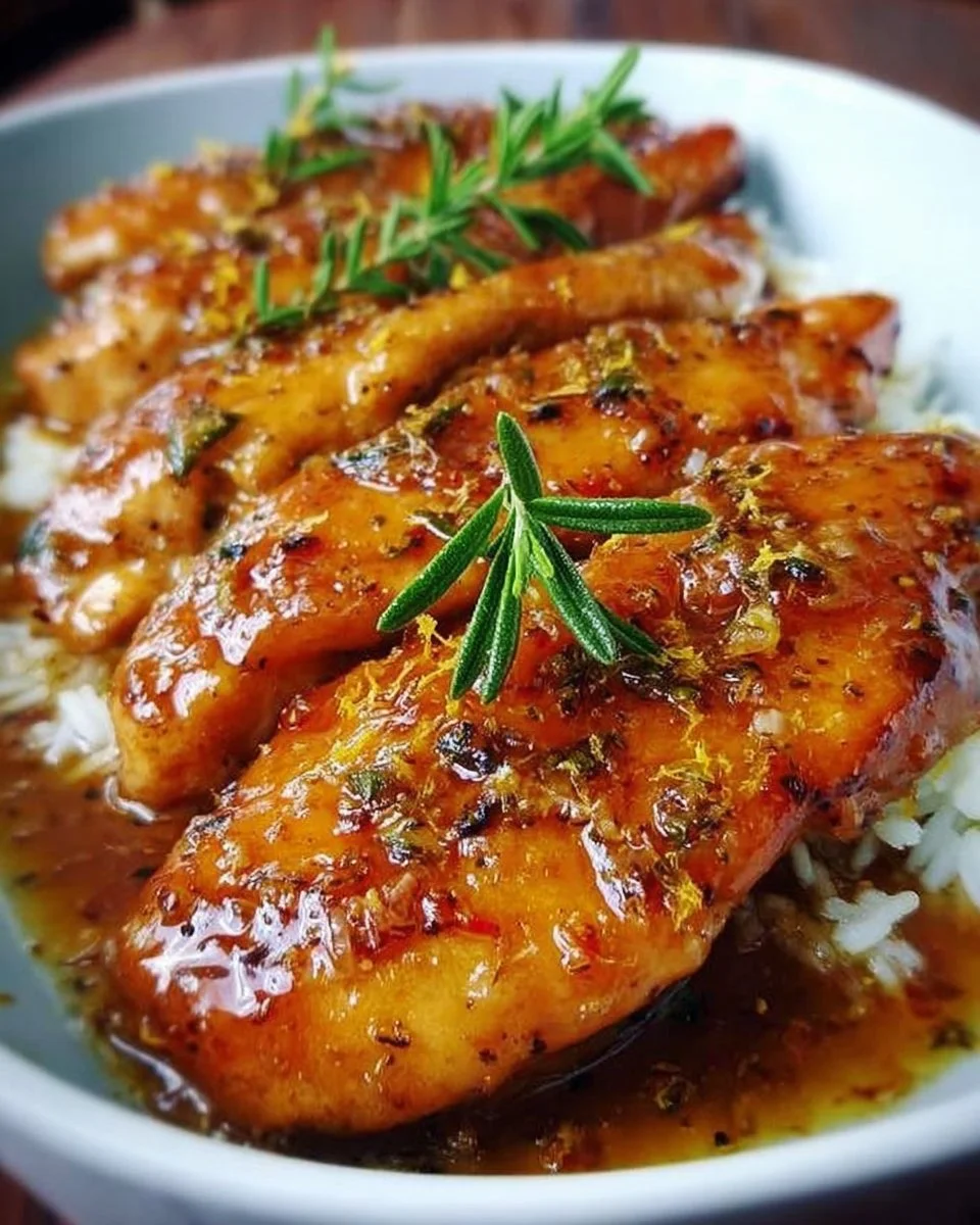 Lemon Honey Glazed Chicken garnished with fresh herbs on a plate