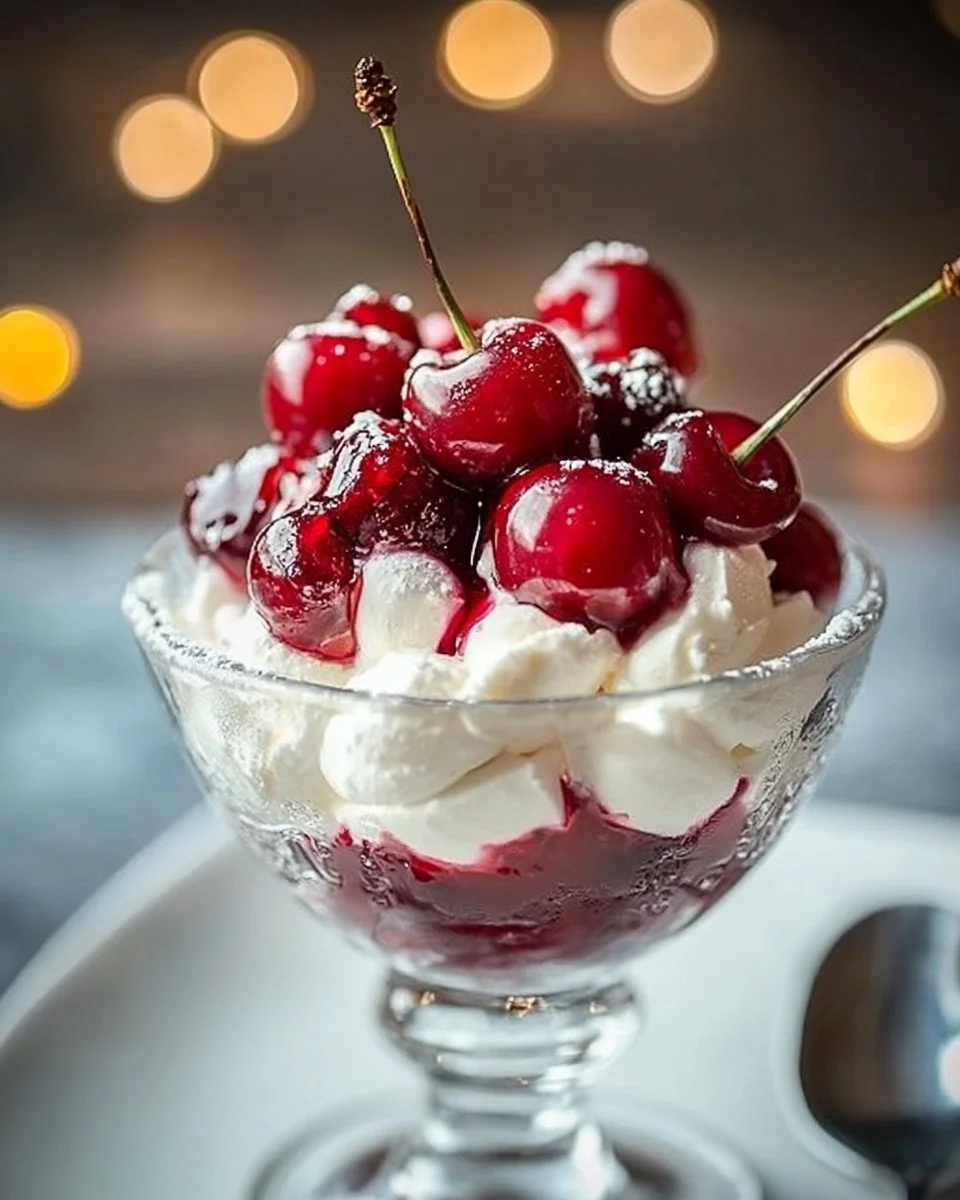 No-Bake Christmas Cherry Bliss dessert with cherries and cream