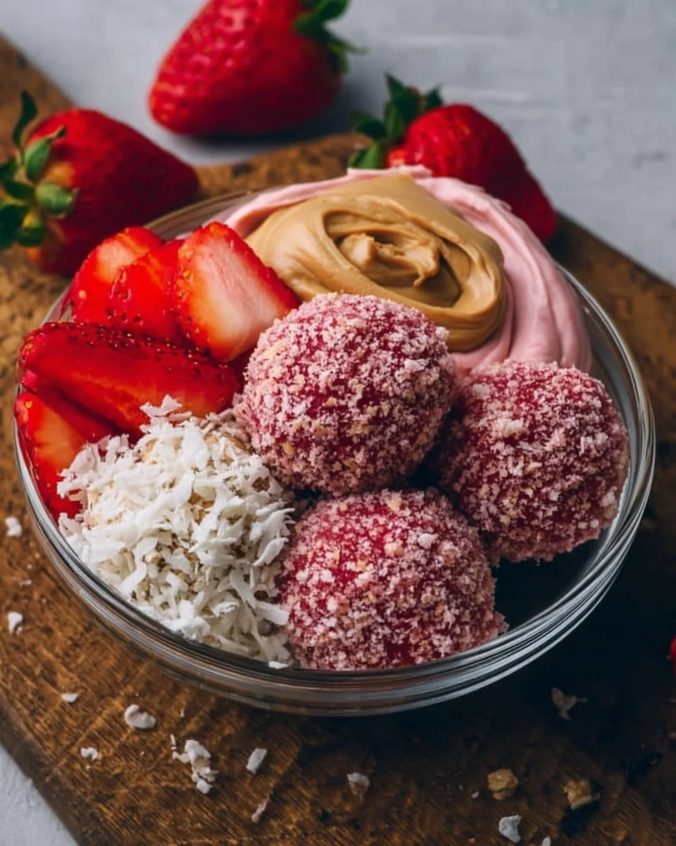 No-Bake Strawberry Cheesecake Protein Balls recipe with fresh strawberries and cream cheese