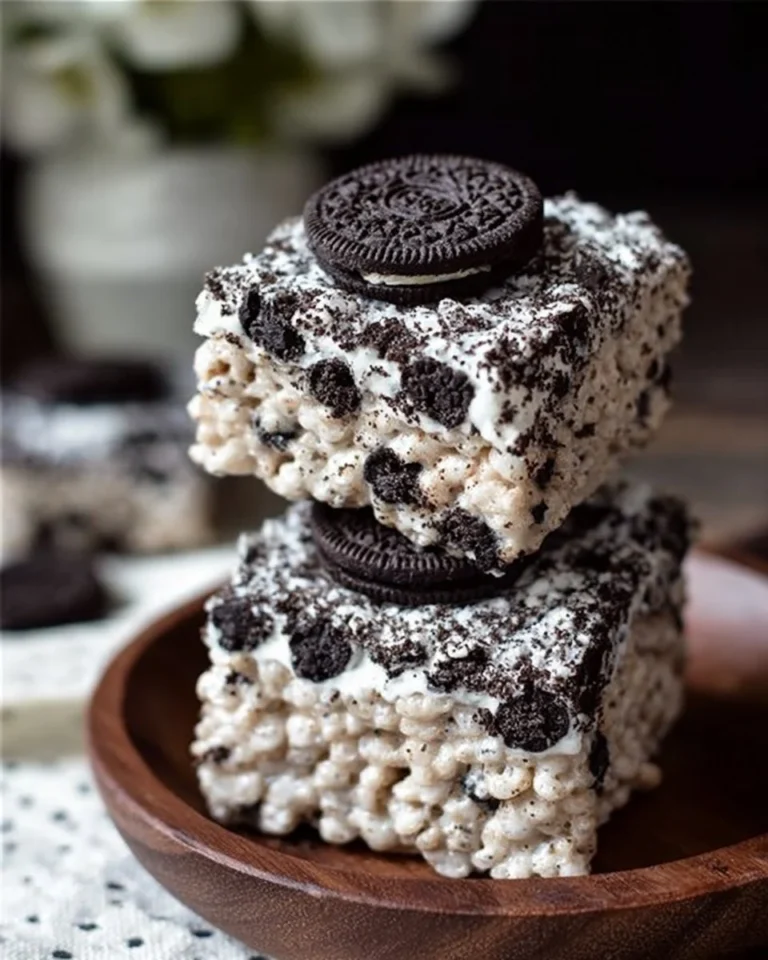Delicious no-bake Oreo Krispies dessert on a plate with chocolate drizzle