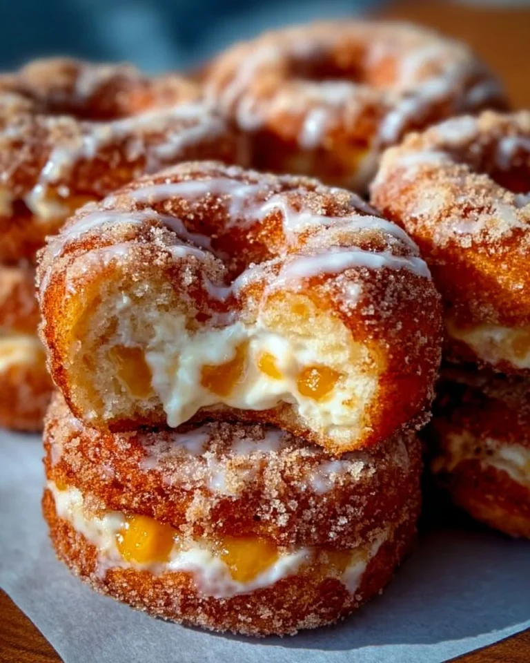 Peach Cobbler Cheesecake Donuts 10 Delicious Peach Cobbler Cheesecake Donuts garnished with fresh peaches