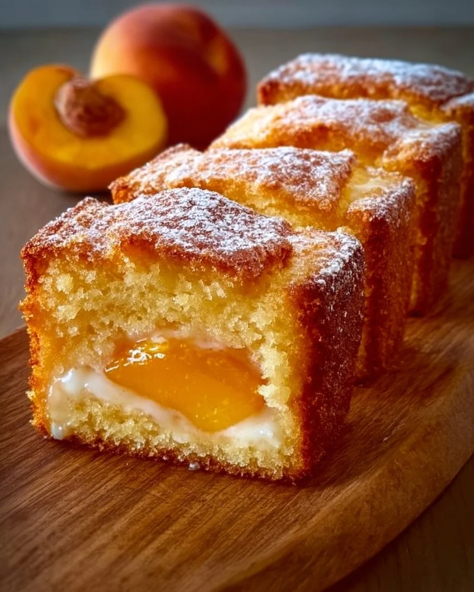 Delicious slice of Peach Cobbler Pound Cake topped with peaches and syrup.