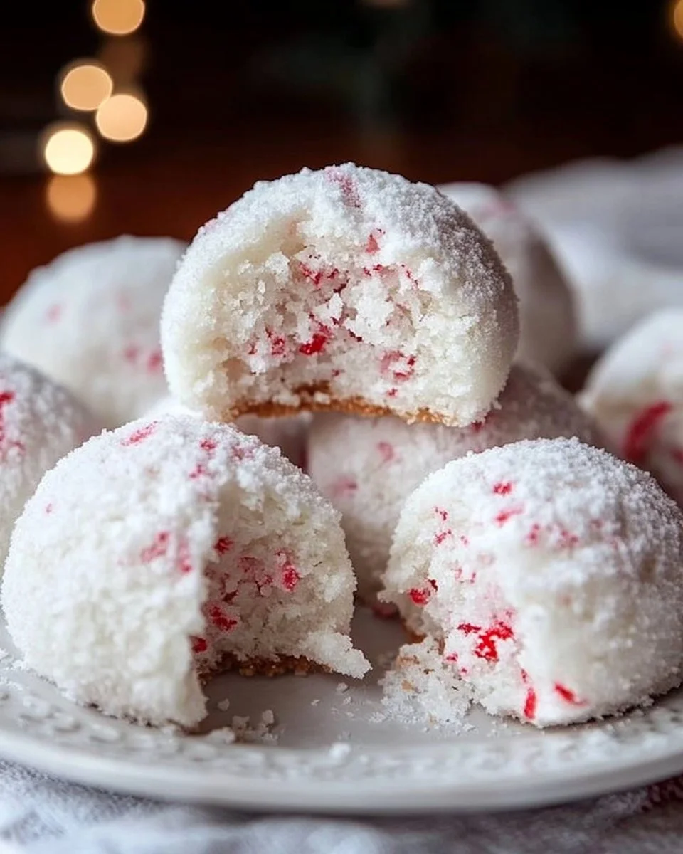 Delicious Peppermint Snowball Cookies dusted with powdered sugar on a plate