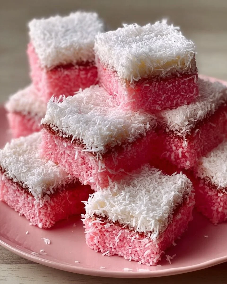 Delicious Pink Coconut Snowball Cake Bars topped with coconut flakes.