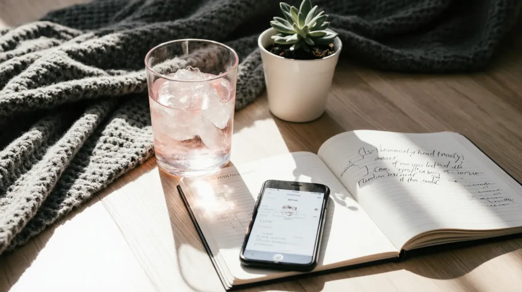 Pink Himalayan Salt Water Recipe: The Simple Beginner's Method (2 Minutes) 4 Morning notebook and phone beside the pink Himalayan salt water recipe.