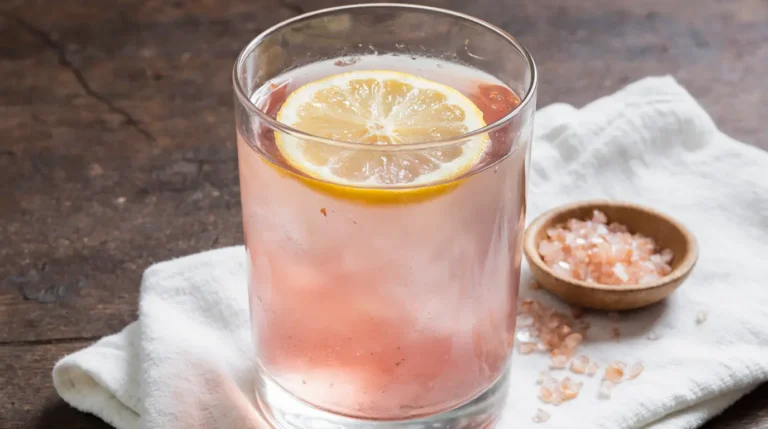 Glass of pink Himalayan salt water recipe on a kitchen counter with lemon.