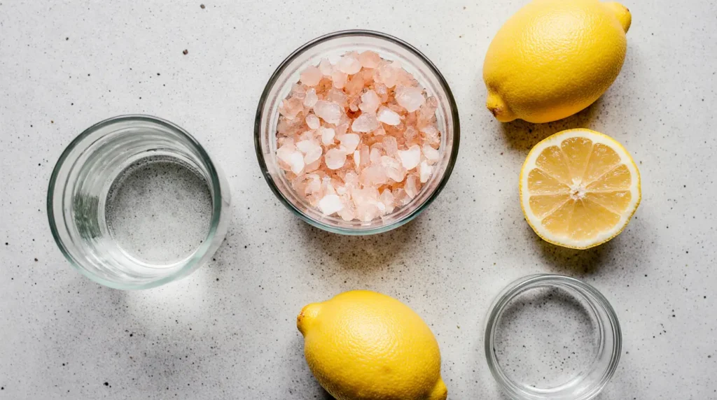 Pink Himalayan Salt Water Recipe: The Simple Beginner's Method (2 Minutes) 1 Ingredients laid out for the pink Himalayan salt water recipe on a wooden board.
