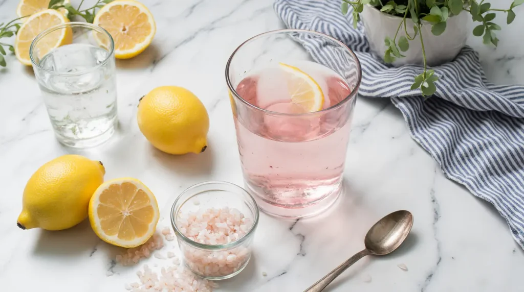 Pink Himalayan Salt Water Recipe: The Simple Beginner's Method (2 Minutes) 2 Morning scene with the pink Himalayan salt water recipe next to lemons and measuring spoon.