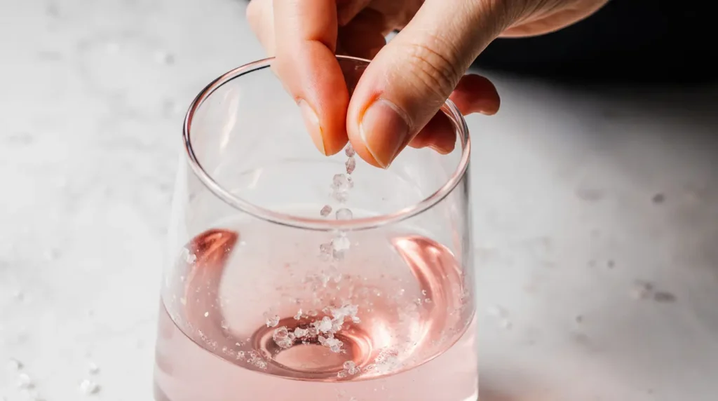 Pink Himalayan Salt Water Recipe: The Simple Beginner's Method (2 Minutes) 3 Hand stirring the pink Himalayan salt water recipe in a clear glass.
