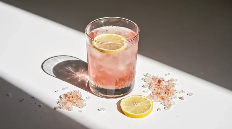 Glass of pink salt and lemon morning drink recipe on a kitchen counter.