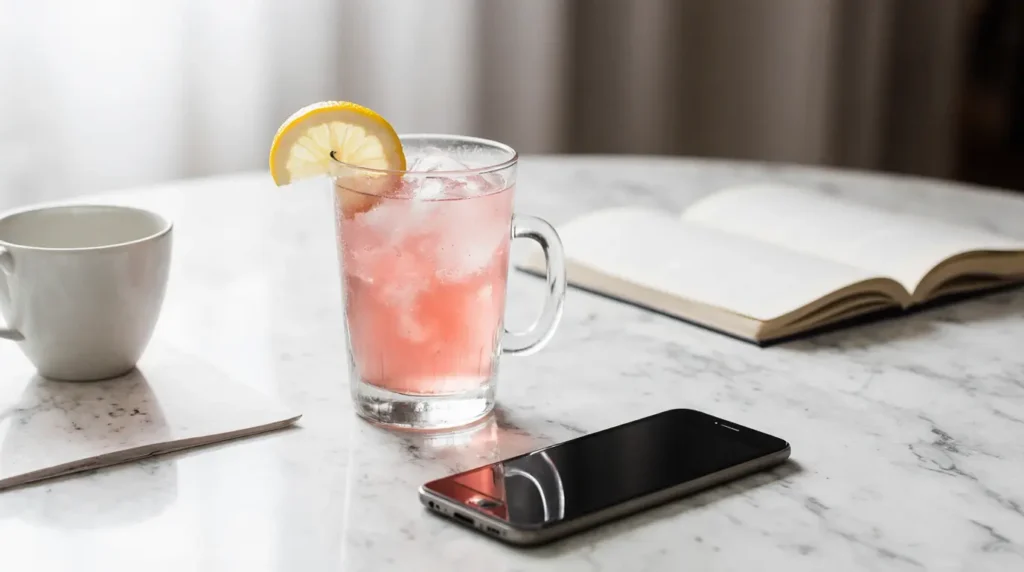 Pink Salt and Lemon Morning Drink Recipe: Chef Peter's Energizing Start (5 Minutes) 9 Morning routine scene with pink salt and lemon morning drink recipe beside a phone and notebook.