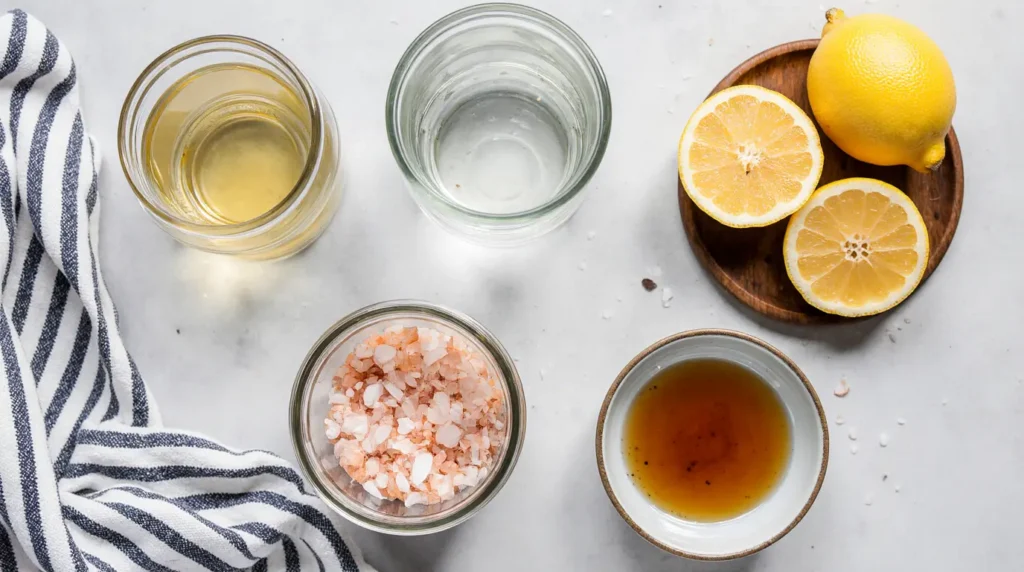 Pink Salt and Lemon Morning Drink Recipe: Chef Peter's Energizing Start (5 Minutes) 6 Step-by-step pink salt and lemon morning drink recipe ingredients on a wooden board.