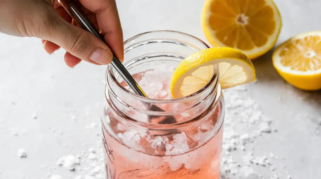 Pink Salt and Lemon Morning Drink Recipe: Chef Peter's Energizing Start (5 Minutes) 7 Chef stirring pink salt and lemon morning drink recipe in a mason jar.