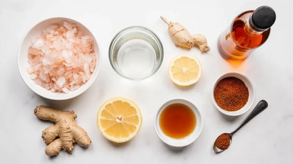 Ingredients laid out for the pink salt trick for weight loss on a wooden board.