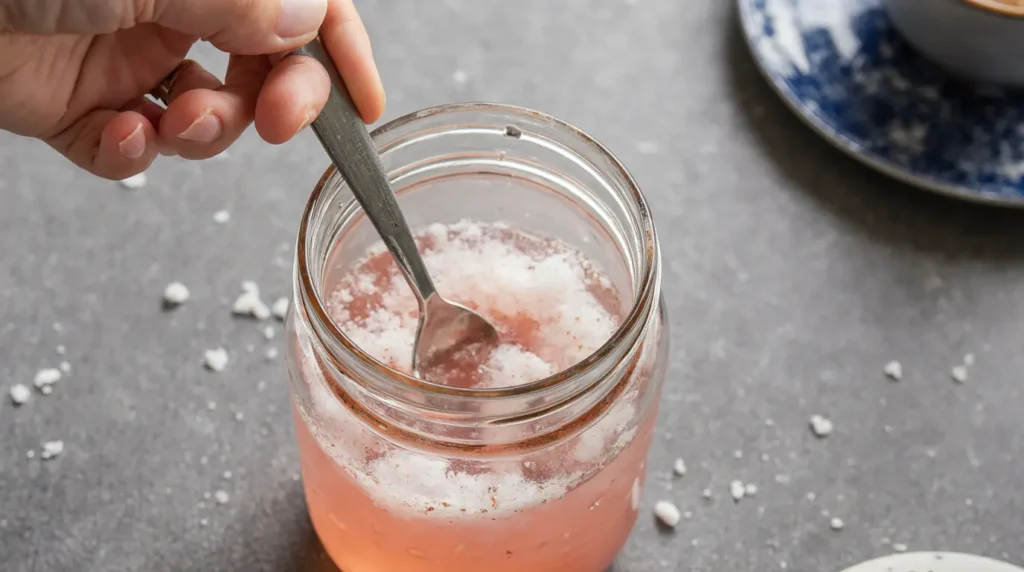 Hand stirring the pink salt trick for weight loss drink in a mason jar.