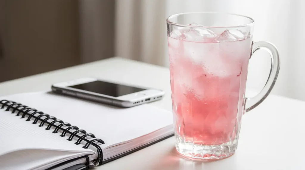 Morning routine scene with the pink salt trick for weight loss beside a phone and journal.