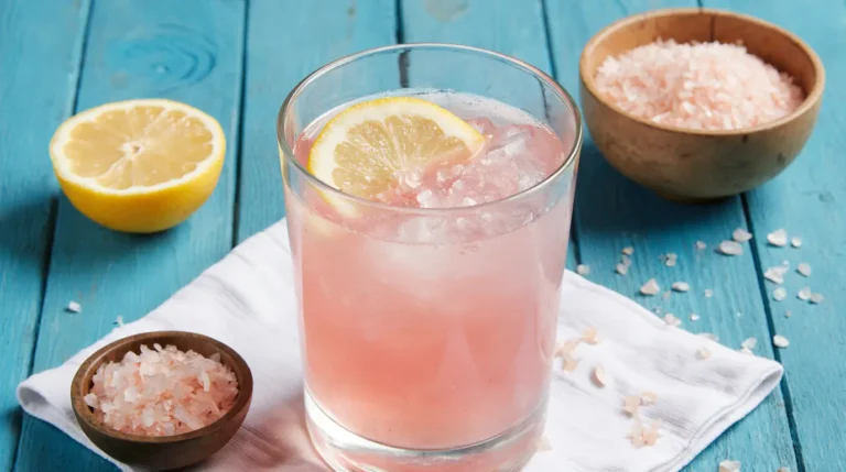 Glass of pink salt trick recipe for weight loss on a kitchen counter.