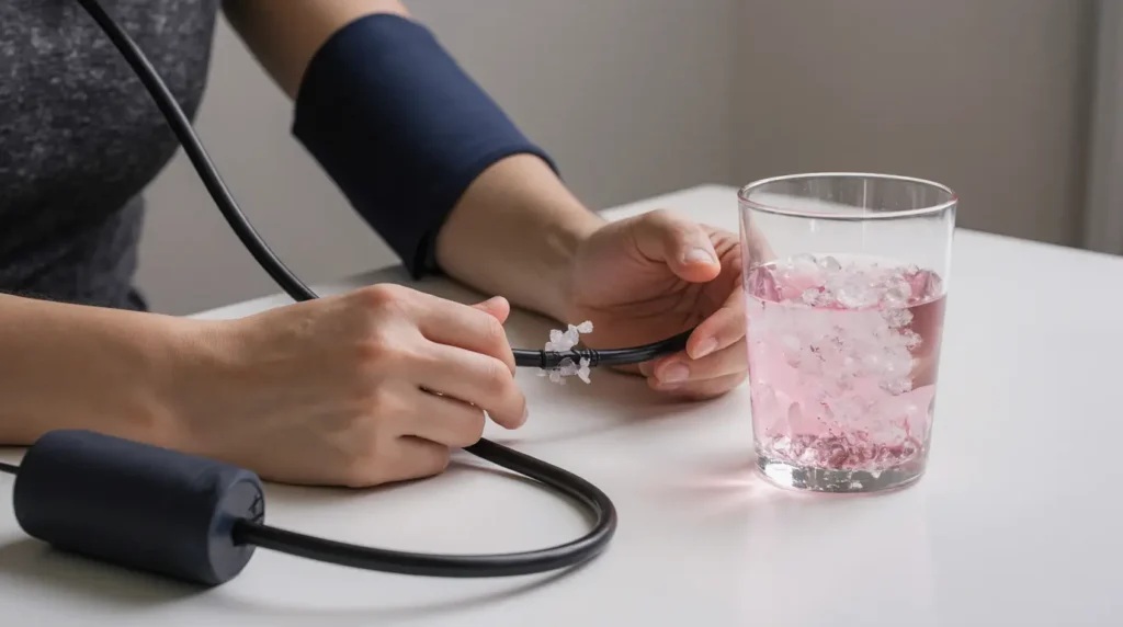 Person checking blood pressure at home while worried about pink salt trick side effects.