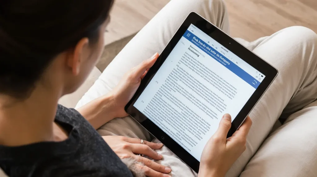 Woman holding her stomach while reading about pink salt trick side effects on a tablet.