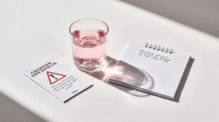 Glass of pink salt water and warning label highlighting pink salt trick side effects.