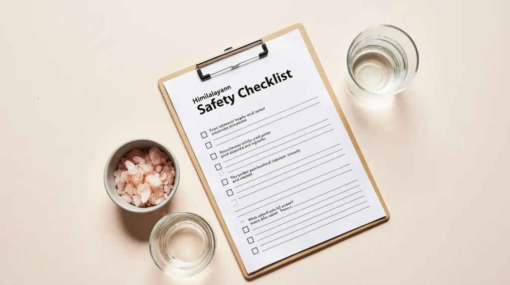 Safety checklist on a clipboard summarizing ways to reduce pink salt trick side effects.